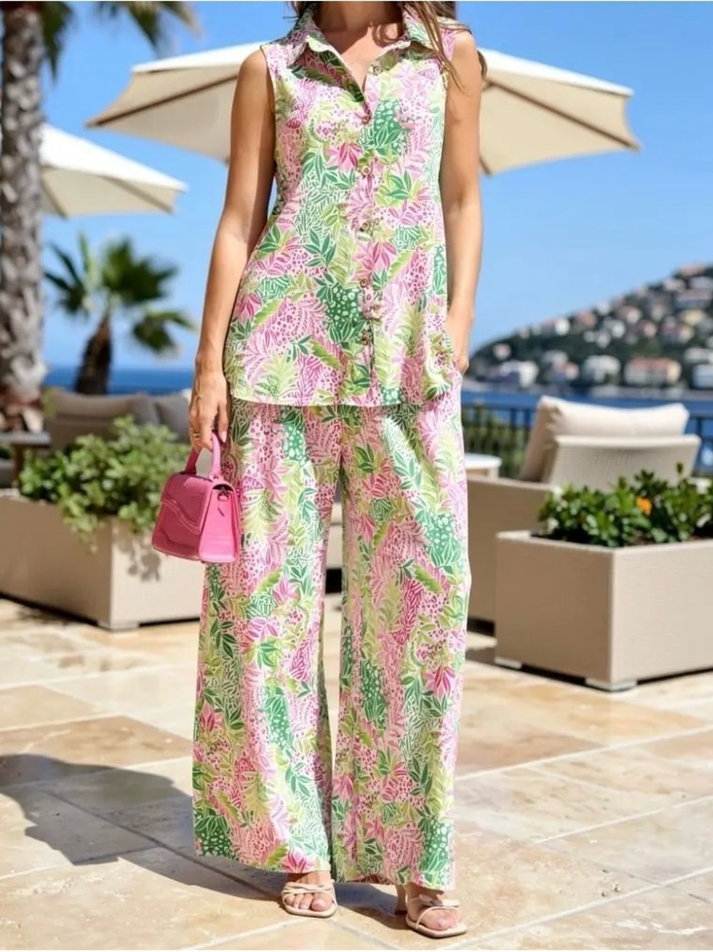 DEAR SCARLETT EMERALD PINK SHORELINE SET TOP:Medium PANTS :Small